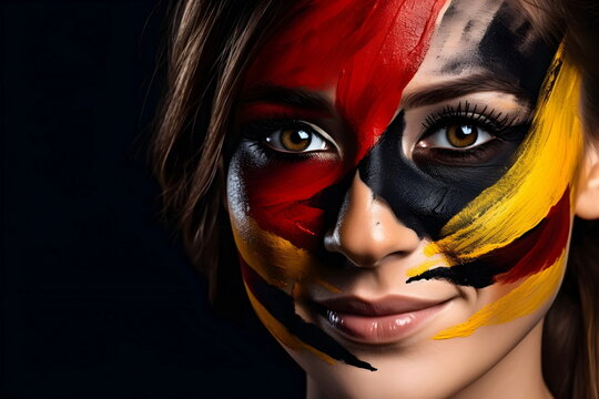 woman soccer fun with painted face of flag Germany isolated on black background