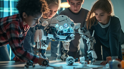 nature of STEM education, with students working on a robotics project, combining engineering and technology interdisciplinary nature of STEM education
