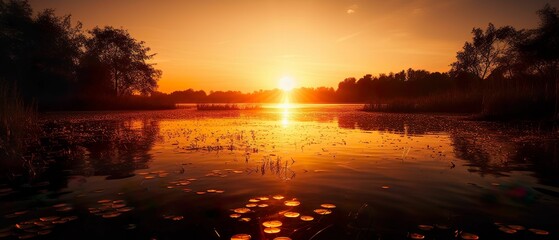 AI generated illustration of a majestic sunset over a tranquil lake surrounded by lush trees