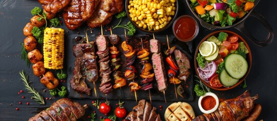 Top view of a barbeque party picnic flatlay featuring a variety of grilled summer bbq dishes like...