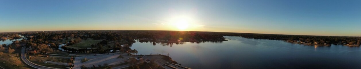 A panoramic shot of buildings near the lake