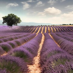 AI generated illustration of a vibrant landscape with rows of lavender flowers in full bloom