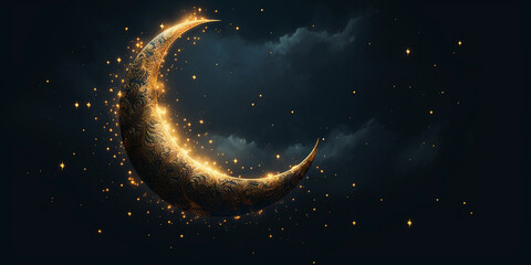 Obraz na płótnie Canvas Crescent Moon and Sparkling Stars Eid Night, on an isolated Starry Sky Blue background,
