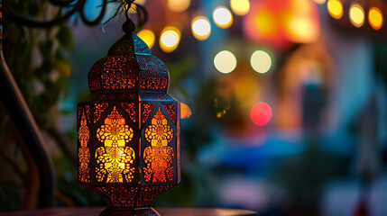 Traditional Arabic lantern lit up for celebrating holy month of Ramadan. Bokeh lights surrounding Ramadan concept