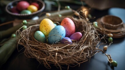 Obraz premium AI generated illustration of A close up of a small nest filled with a variety of colorful eggs