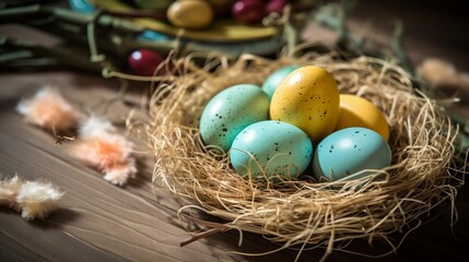 AI generated illustration of A close up of a small nest filled with a variety of colorful eggs