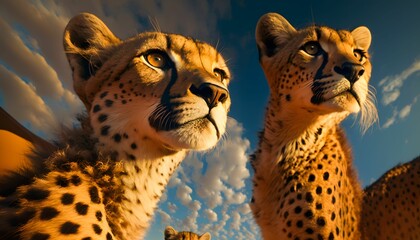 AI generated illustration of two cheetahs gazing into the distance with clouds in the background