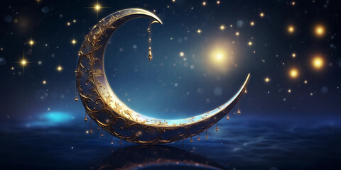 Obraz na płótnie Canvas Crescent Moon and Sparkling Stars Eid Night, on an isolated Starry Sky Blue background,