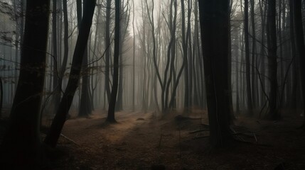 AI generated illustration of of a gloomy wooded area with trees covered by fog