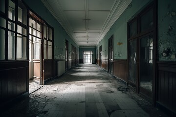 AI generated illustration of an interior view of an empty school hallway with large windows