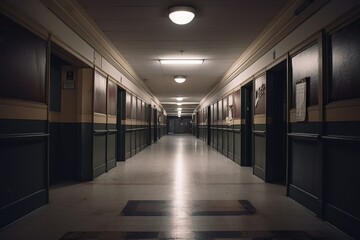 AI generated illustration of a desolate school hallway filled with a sense of despair and loneliness - obrazy, fototapety, plakaty