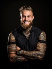 young man with tattoo smiling. portrait of a generation Z guy. drawing on the skin. self-expression and beauty
