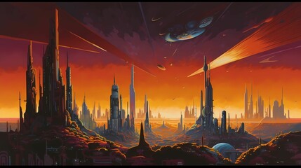 AI generated illustration of an ethereal sci-fi artwork with expansive futuristic cities and planets