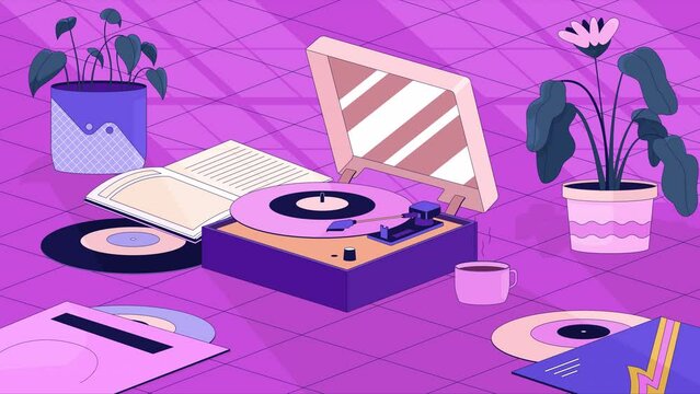 Boho vinyl player flowerpots lo fi animated cartoon background. Phonograph records, houseplants 90s retro lofi animation. Nostalgia retro style. Dreamy vibes chill scene 4K video motion graphic