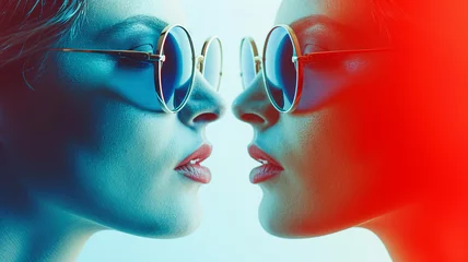 Zelfklevend Fotobehang An image capturing the reflection of two faces in a single pair of mirrored sunglasses © Samvel