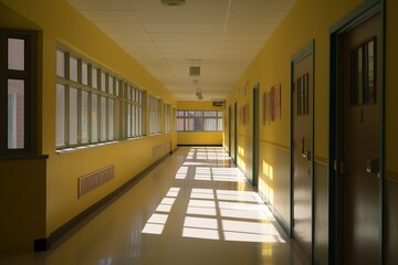 a long hallway with some doors and many windows in it