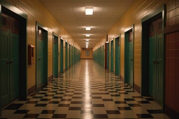 AI generated illustration of an empty school hallway with polished tiled flooring