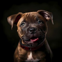 AI-generated illustration of a brown Staffy pup on a dark background.