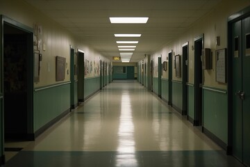 AI generated illustration of a desolate school hallway filled with a sense of despair and loneliness - obrazy, fototapety, plakaty