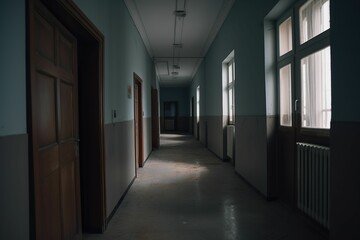 AI generated illustration of a desolate school hallway filled with a sense of despair and loneliness