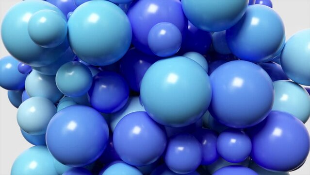 Gleaming 3D animation of clustered blue spheres varying in size, exuding a cool, smooth, and glossy texture.