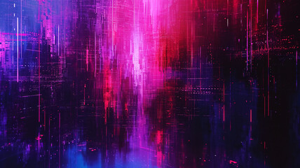 An intense sketch of an abstract digital glitch graphic background with pixelated distortions and vibrant neon colors
