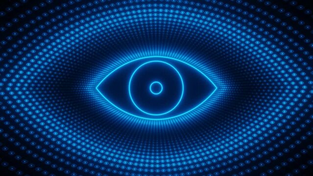 Blue neon cyber eye icon with wave eye icons loop animation