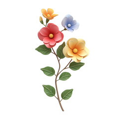 Plasticine flowers with leaves on stem. 3d illustration, transparent background.