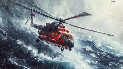 .An intense sketch portraying a search and rescue helicopter hovering over stormy seas during a mission - obrazy, fototapety, plakaty