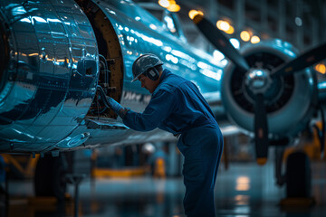 A skilled aircraft mechanic in uniform meticulously inspects the engine of a propeller airplane in a hangar.