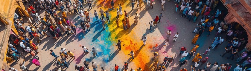 Vibrant Holi celebration captured from above, showcasing a town square alive with color and...