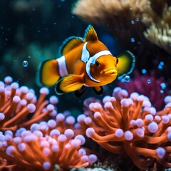 AI generated illustration of a small clownfish swimming among the coral reefs in the calm waters
