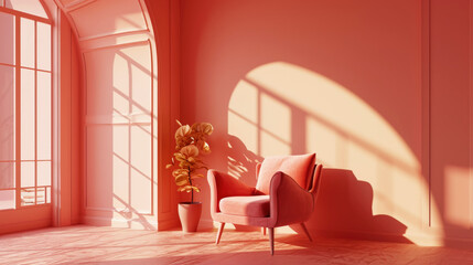 Aesthetic minimalist room interior with a cozy armchair. Peach fuzz color palette. Generative AI