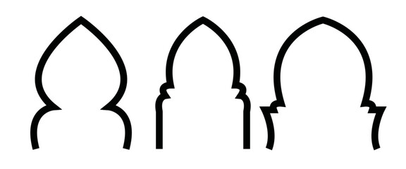 Obraz premium Arabic window or arch.Black Set of mosque shape frames. Black border vector illustration on transparent background.