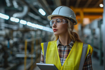 A professional female industrial engineer in a hard hat and safety vest inspects a manufacturing facility with a digital tablet.