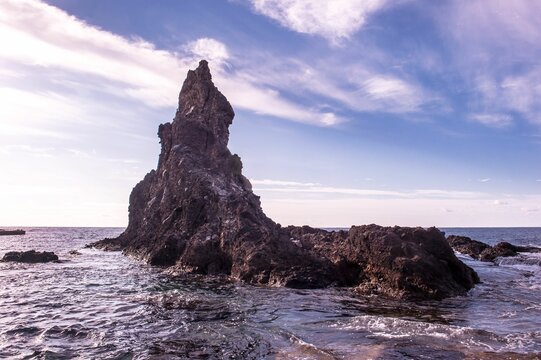 Majestic stone formation in the sea in Dokdo island, Korea.