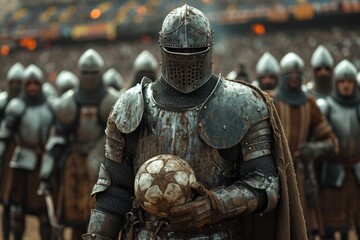 A knight in armor with a soccer ball in his hand stands on the football field before the game