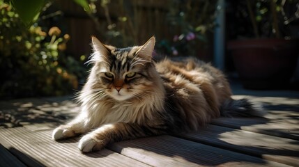 Sweet Maine Coon cat basks in the sunlight while lying in a garden setting