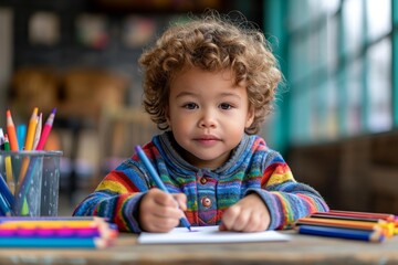 A little boy draws with pencils while sitting at a table