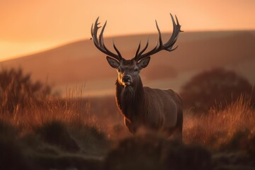 AI-generated illustration of a roaring red deer at sunrise.