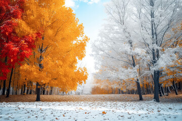 Contrast Between Autumn Colors and Snowy Landscapes. Expresses Beauty of Seasonal Change Through Contrast of Color and White.