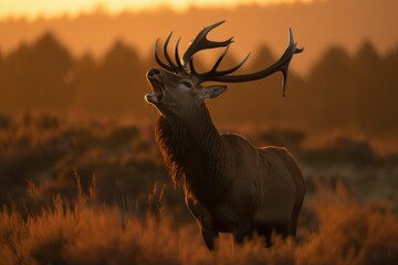 AI-generated illustration of a roaring red deer at sunrise.