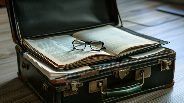 Capture an image of a lawyer's briefcase filled with legal papers, law books