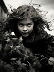 Girl with a cat. A teenage girl walks on the street with a cat. B&W photograph of a girl with a cat on the street. Girl playing with street cats. Homeless cat.