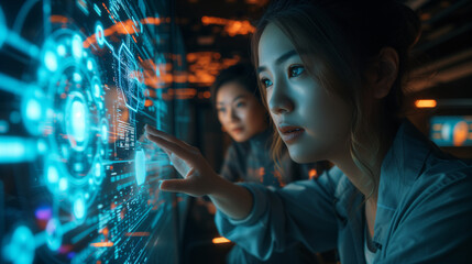Female Technicians; Two female tech professionals are intently analyzing data on a futuristic holographic display interface in a dark control room.