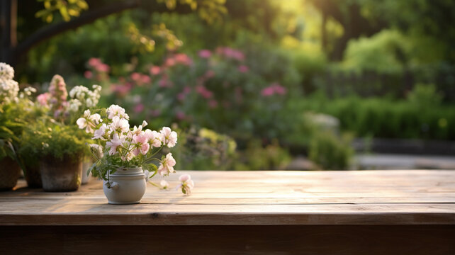 Morning garden flower background with wood table