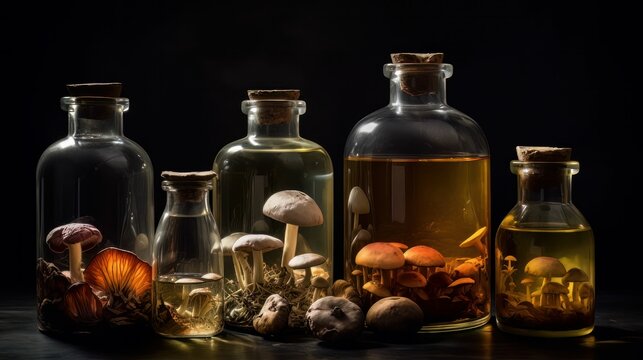 AI generated illustration of a wooden table top with glass bottles of mushroom elixir