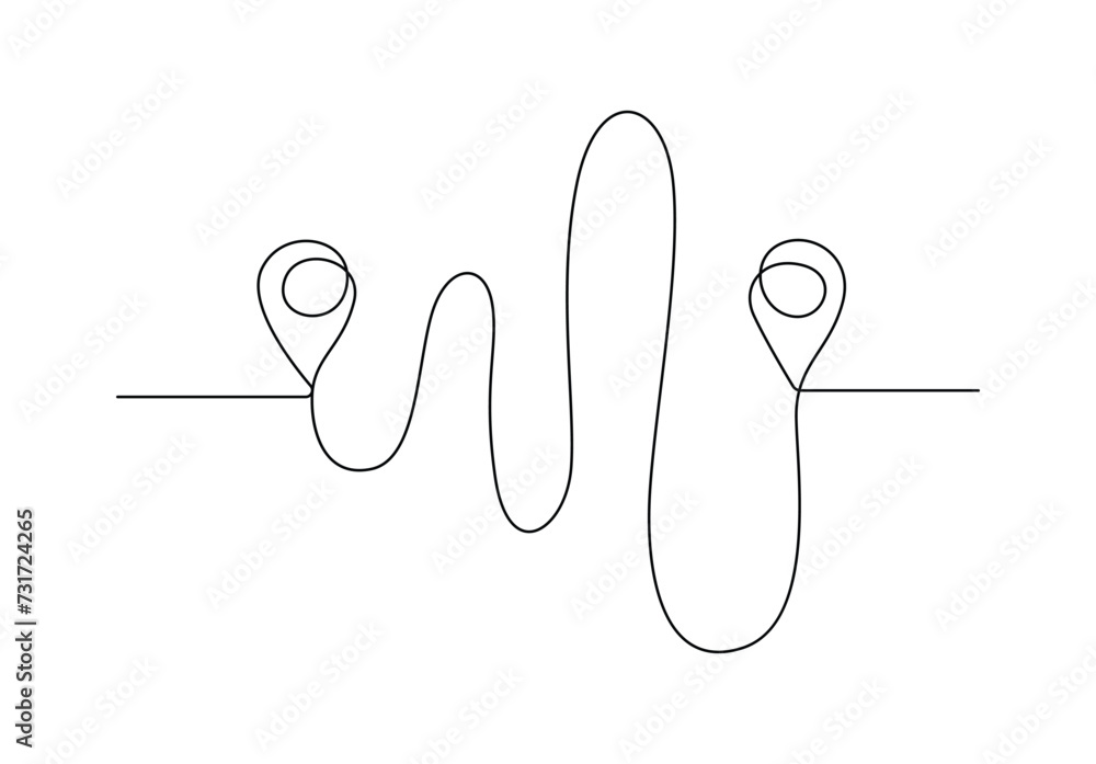 Poster continuous one line drawing of location markers icon. pin between two points in one line style vecto
