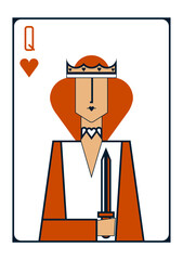 Simple geometric image of a playing card with a queen of hearts holding a short sword