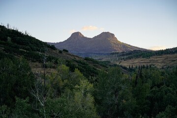 Tranquil landscape of a mountain range with lush green trees in the foreground in Colorado